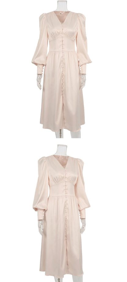 DOLLY Elegant V-Neck Long Lantern Sleeve Long Button Church Dress-NANA