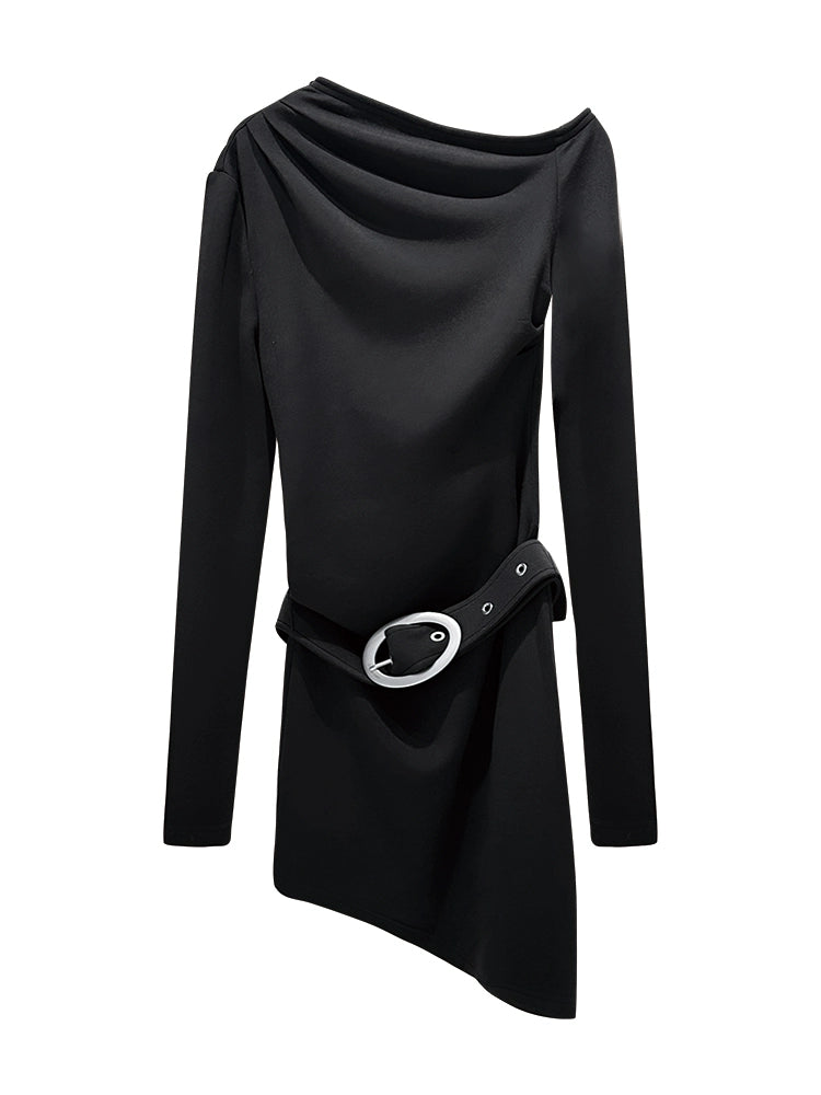 ANNAKIKI Slanted shoulder elastic belt long sleeve dress-CHICHI