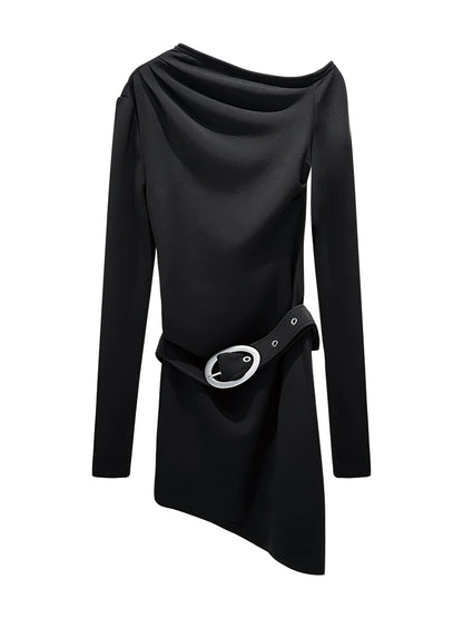 ANNAKIKI Slanted shoulder elastic belt long sleeve dress-CHICHI