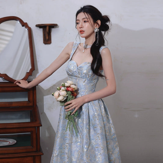 DOLLY Elegant Light Blue French Style High Waist Long A-Line Wedding Dress-  (V)