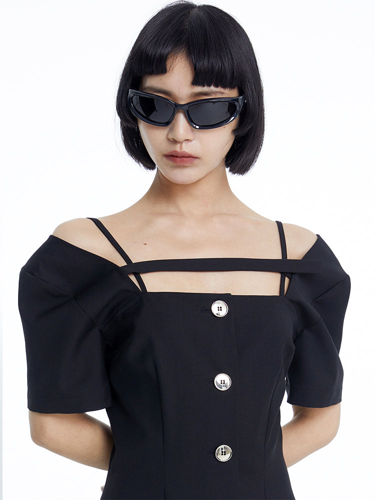 TINY IN dropped shoulders short sleeve square neck little black dress -JAJA