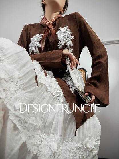 DGU "Mo Zhao" coffee new commuter retro loose Chinese embroidered top - POWER.