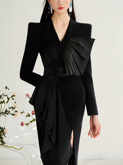 CHECOCRE Classy Design Sense Slit Temperament Elegant Black Suit Dress - ENYA