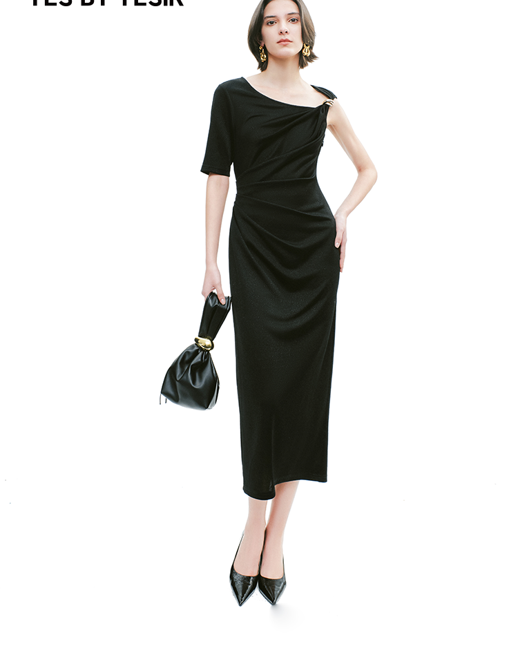 YES BY YESIR | Ye Qians Asymmetric Ribbon-Buckle Knit Dress with Sculpted Silhouette - JASME.RA