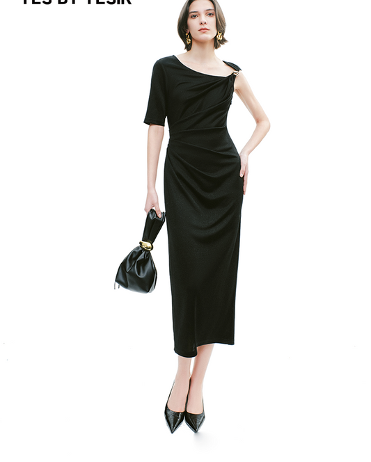 YES BY YESIR | Ye Qians Asymmetric Ribbon-Buckle Knit Dress with Sculpted Silhouette - JASME.RA