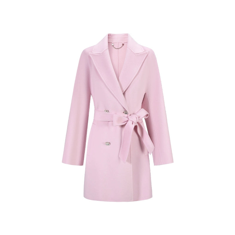CHICHY Cashmere Classic Pink Reversible Woolen Lace-up Midi Length Coat-GINRO