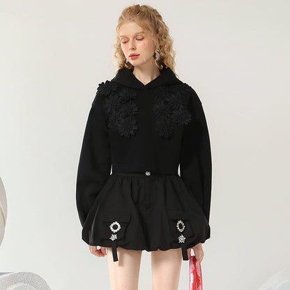 CHECOCRE Classy Sweet Cool Black Sweatshirt Shorts Two Piece Set - LEAF