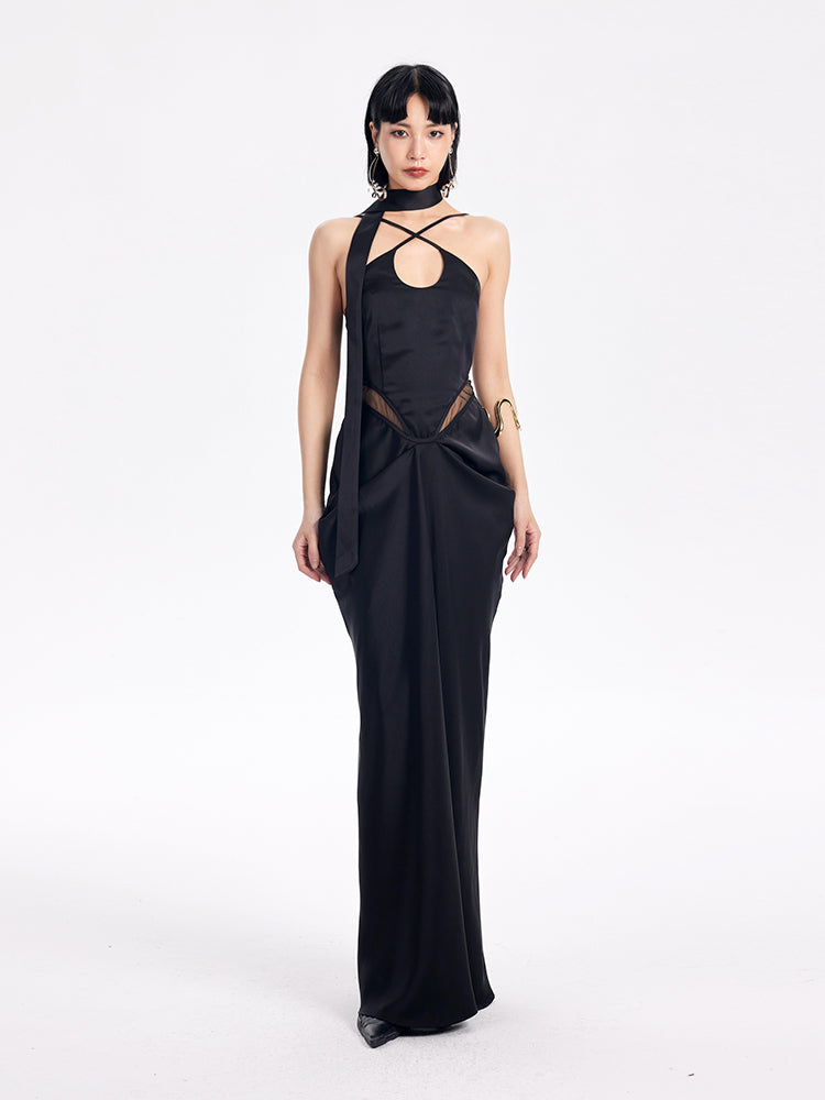 TINY IN satin irregular slip sleeveless hip pleated long dress -KING