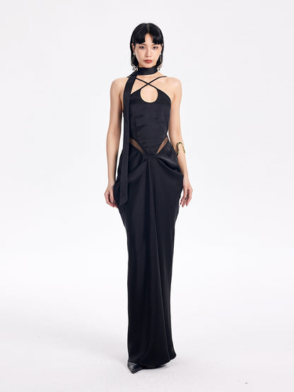 TINY IN satin irregular slip sleeveless hip pleated long dress -KING