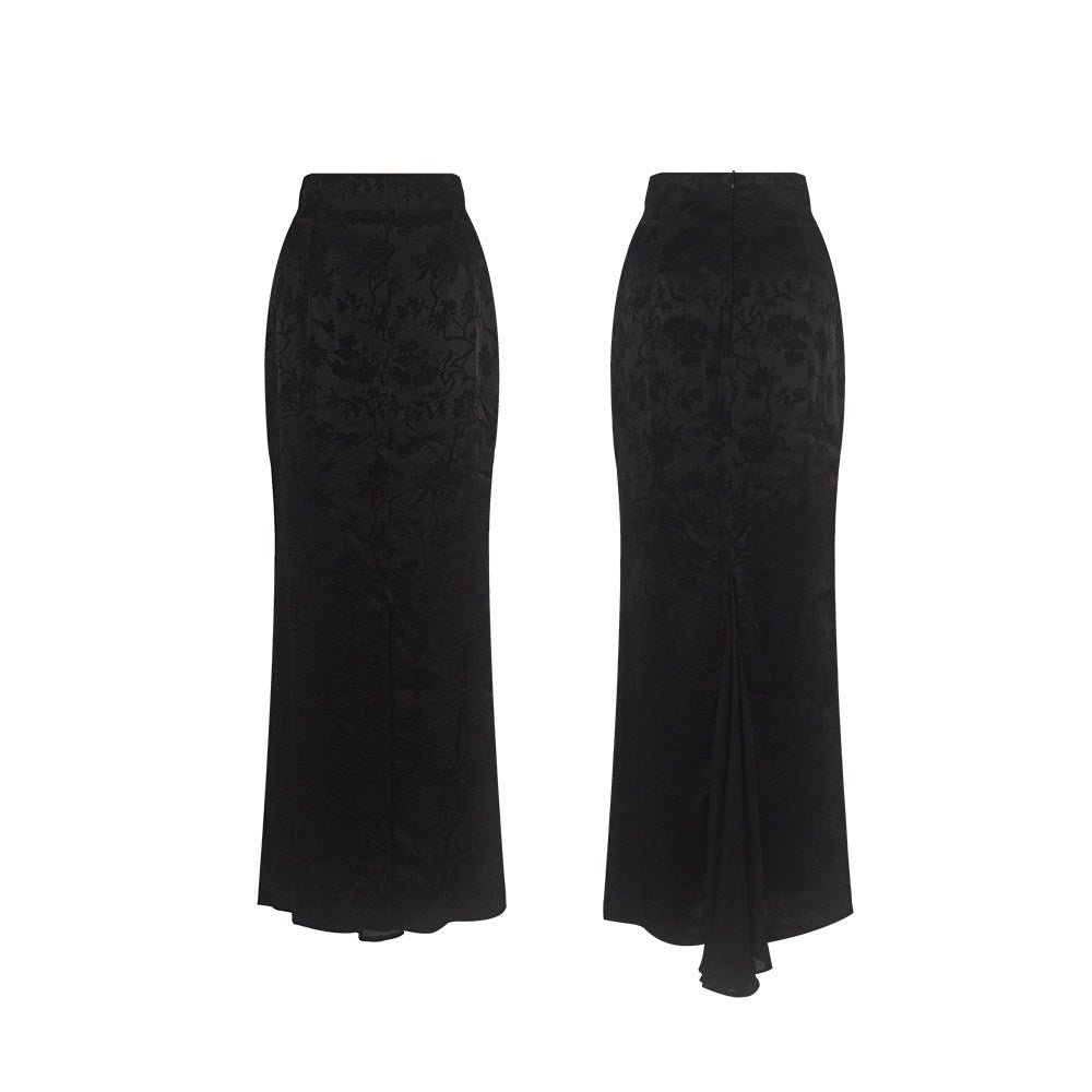 TUYUE Black Satin Woven Floral Mulberry Silk Mermaid Skirt - RANDY.