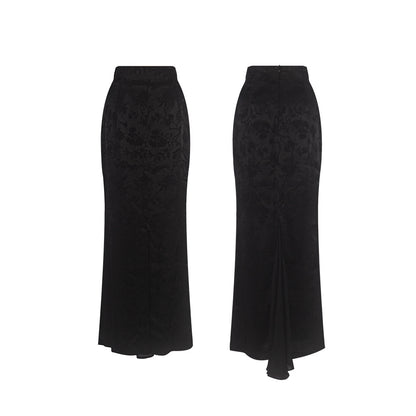 TUYUE Black Satin Woven Floral Mulberry Silk Mermaid Skirt - RANDY.