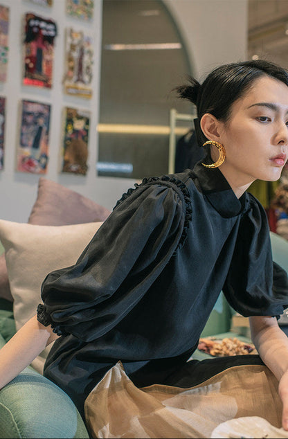 TUYUE black puff sleeve improved cheongsam dress- FERDINAND.