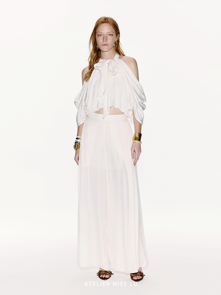 ATELIER MISS LU Draped Off-the-Shoulder Streamers Acetate Top - ATTERY
