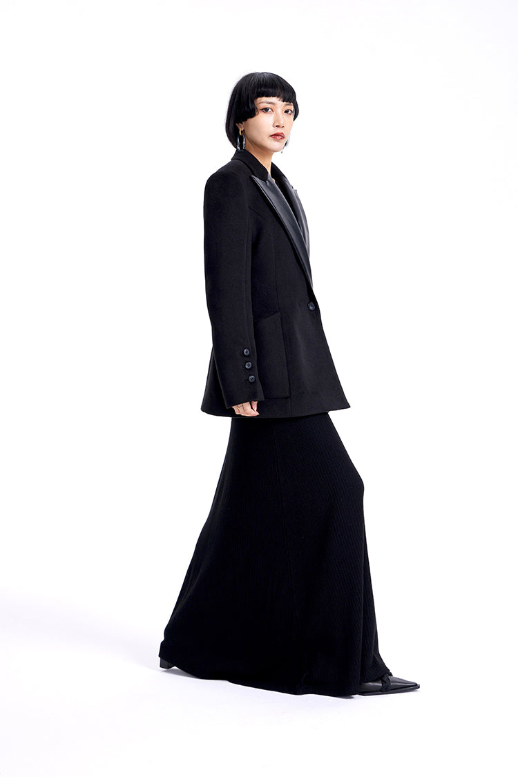 TINY IN knitted black slanted shoulder buttoned sleeves maxi dress-KURO