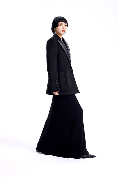 TINY IN knitted black slanted shoulder buttoned sleeves maxi dress-KURO