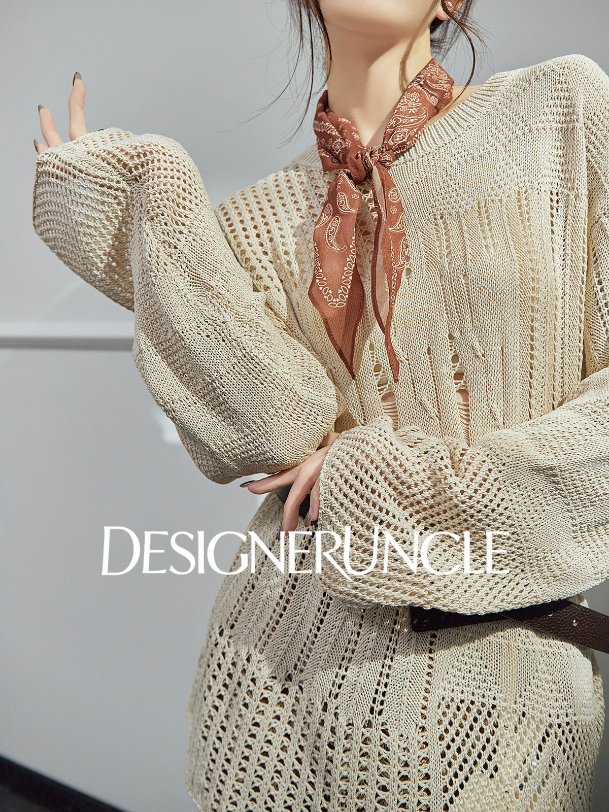 DGU| Khaki Knitted Sweater Hollow Design Niche Loose Top - Felicia.