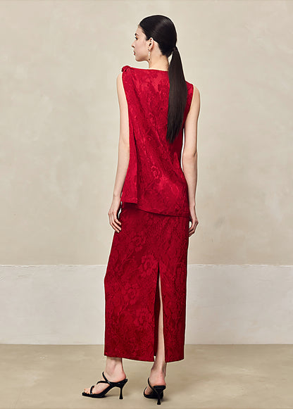 HECO Acetate Jacquard Rear Slit High Waist Slim Red Black White A-line Skirt Woman - KINGDOM.