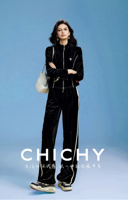 CHICHY slimming classic retro socialite style black velvet two-piece set-ADORA.
