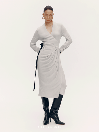 ATELIER MISS LU [Ferrar Pleated Light] Lace-up Soft Knit Wrap Dress -BWEST