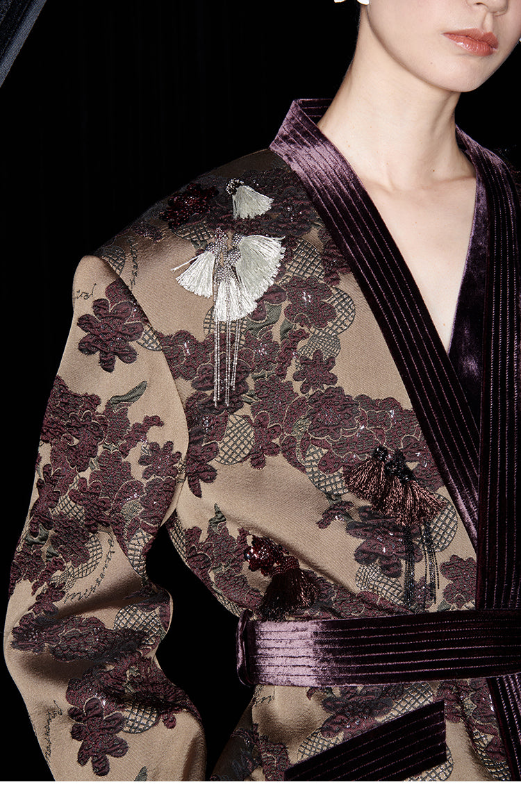 M essential Mackay designer brown tassel beaded broad-shouldered Jacket top - Soliy.