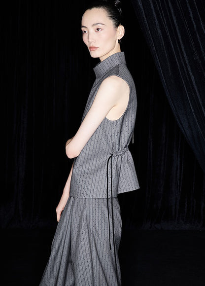 M essential Mackay designer label sand diamond grey stripe diamond buckle drawstring vest - ZING.