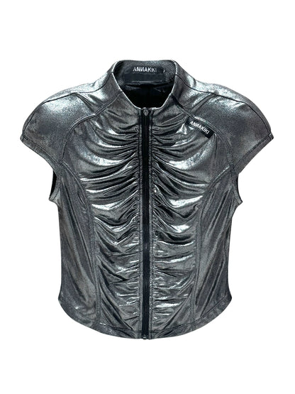 ANNAKIKI silver gray round shoulder shaped slim short jacket for women-KASUGAU