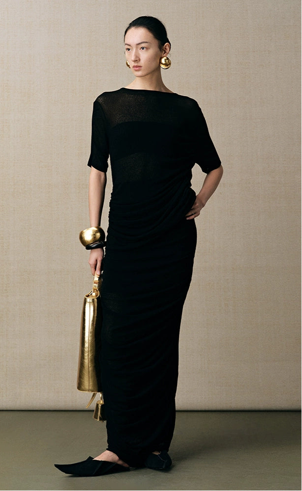 ZHUCHONGYUN black one-line collar irregular pleated waist knit top-TAMAKI.