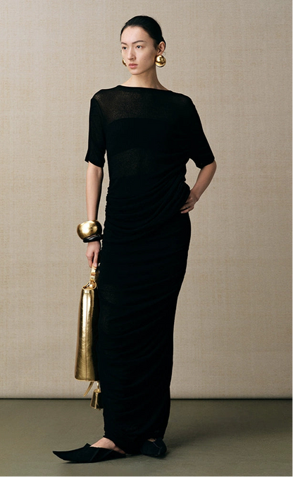 ZHUCHONGYUN black one-line collar irregular pleated waist knit top-TAMAKI.