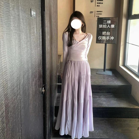 PIAOIN French pleated design three-tiered cake maxi pleated skirt spring-BELLE