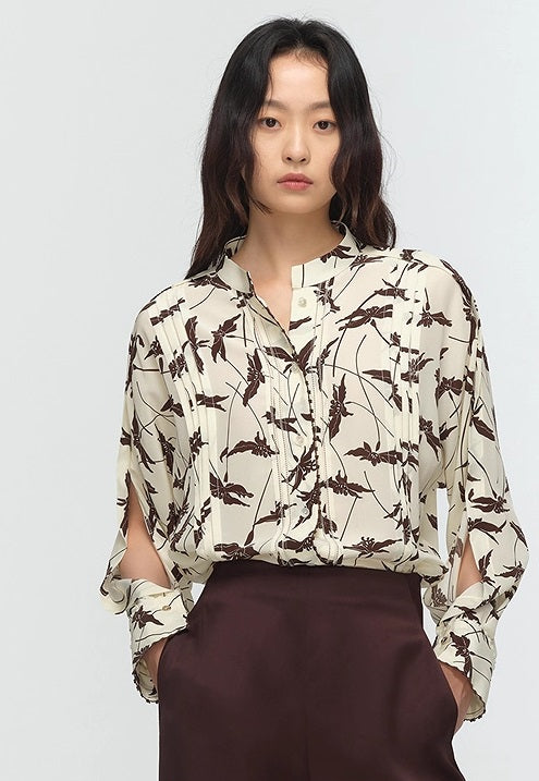 COMME MOI Lu Yan Designer's new women's printed mulberry silk stand-up collar long-sleeved shirt - DESTINY.
