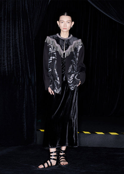 M essential Mackay designer silk-velvet crewneck tassel cape blazer dress set-  Benny.