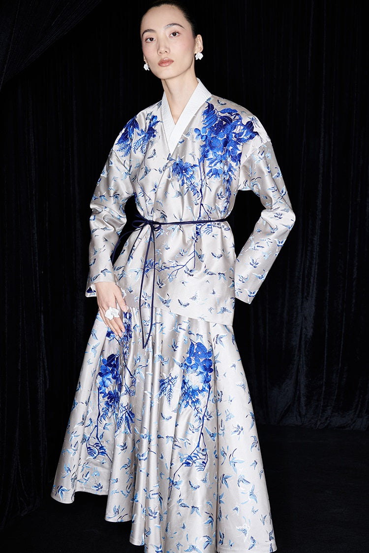 M essential Mackay designer butterfly dance jacquard blue vine and butterfly coat - WEST.