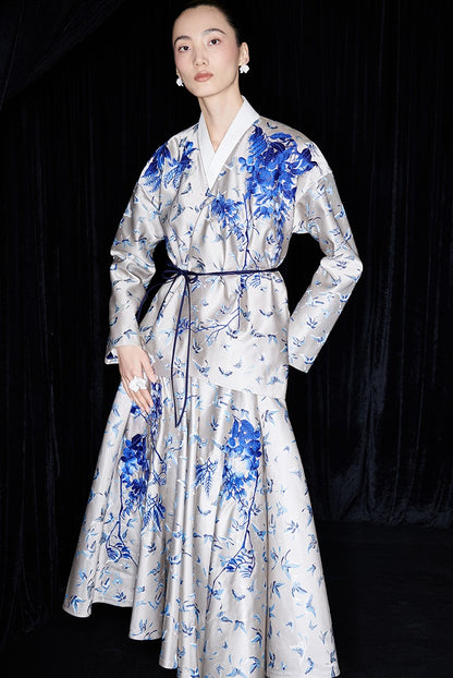 M essential Mackay designer butterfly dance jacquard blue vine and butterfly coat - WEST.