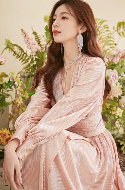 DOLLY Elegant Retro Gold Deep V-Neck Long Puff Sleeve Long Slit Award Dress-HUGO