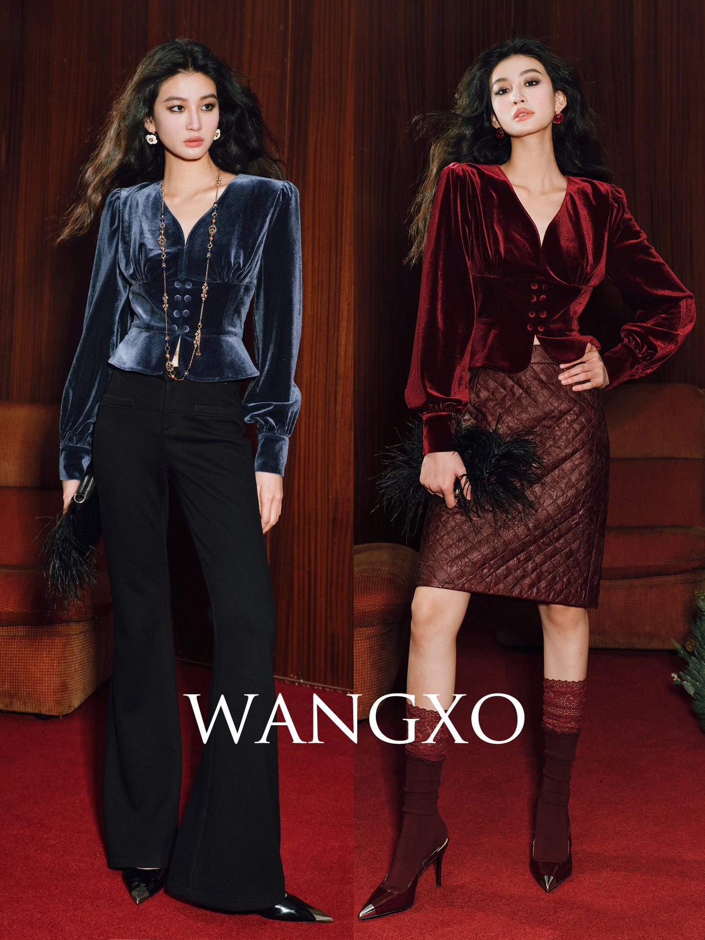 WANGXO | Light & Shadow Korean Velvet V-Neck Crop Top-LENA.