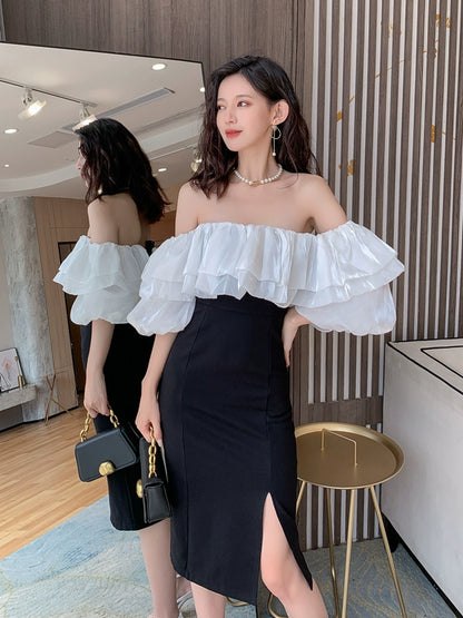DOLLY Elegant Black and White Satin Off Shoulder Ruffled Tube Top Slim Fit Dress-MAG