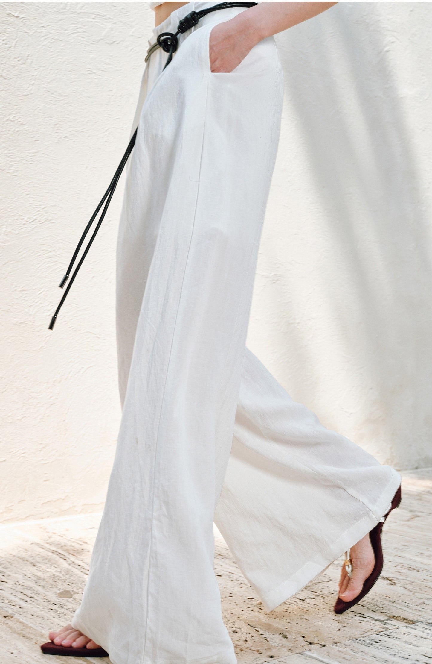 WANGXO |Linen Delicate Knit Slant Shoulder Top & Tailored Straight Pants with Airy Elegance Suit Set -RAYA