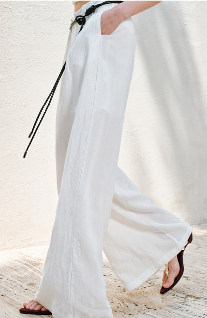 WANGXO |Linen Delicate Knit Slant Shoulder Top & Tailored Straight Pants with Airy Elegance Suit Set -RAYA