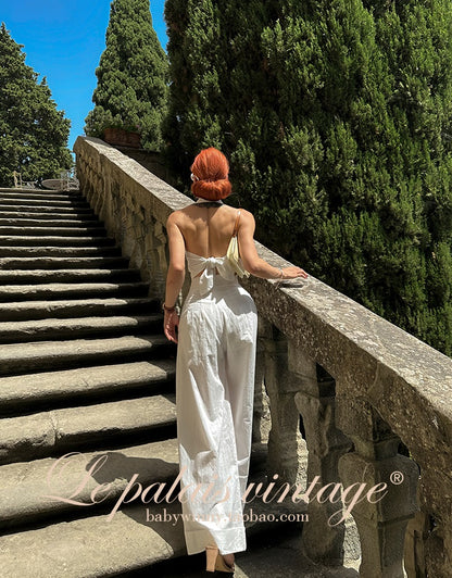 Le Palais Vintage Elegant Pure White Cotton and Linen Halter neck Vest High Waist Swing Skirt-MIA