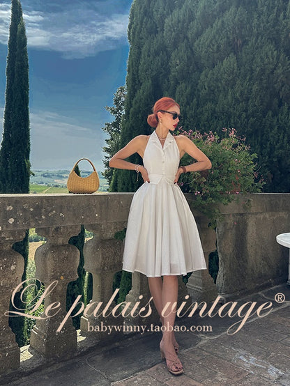 Le Palais Vintage Elegant Pure White Cotton and Linen Halter neck Vest High Waist Swing Skirt-MIA