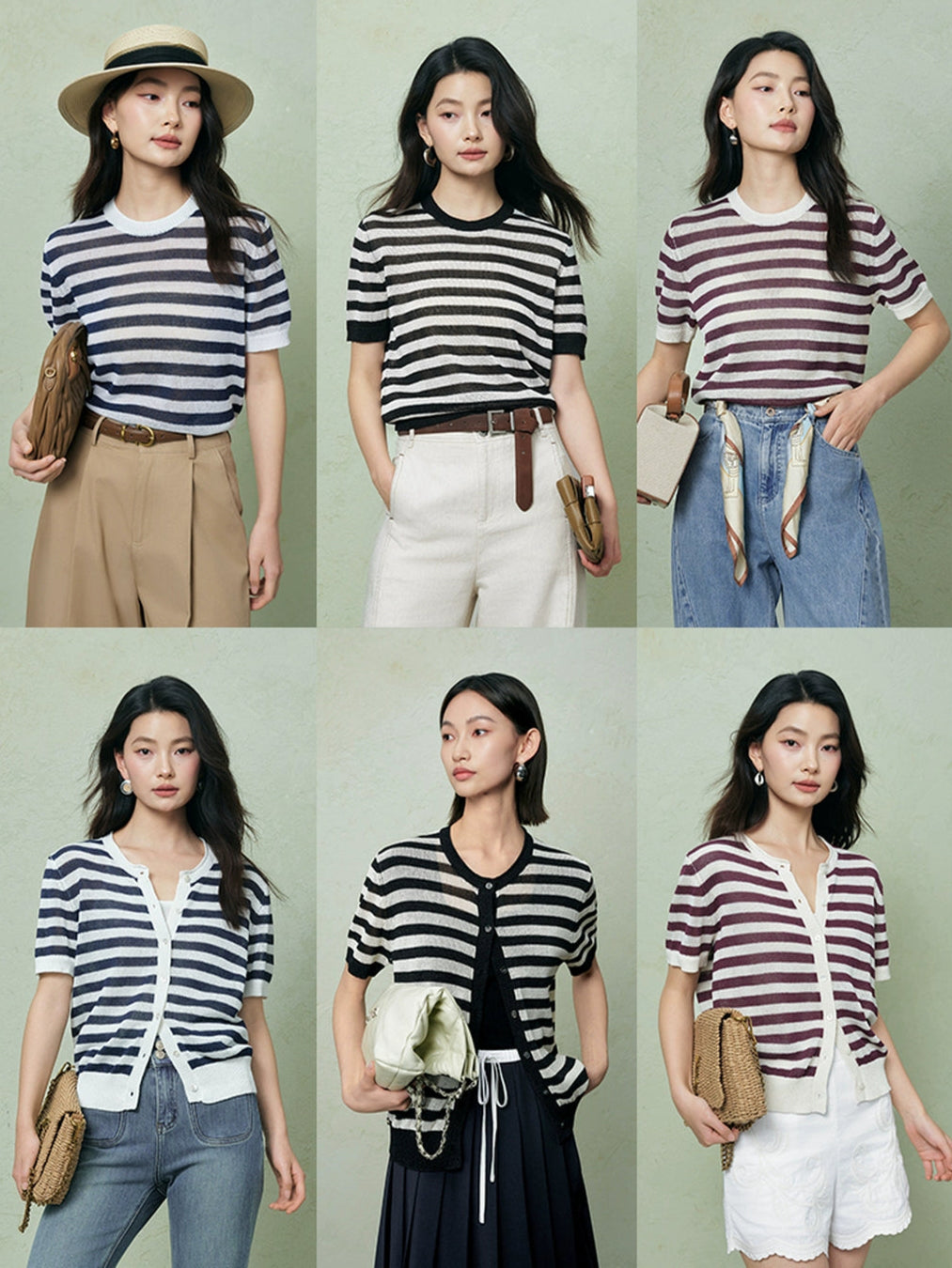 SUSHE light hollow texture striped short-sleeved knit sweater new stretch loose top -BESS
