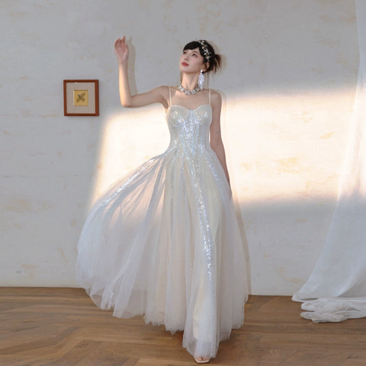 DOLLY Elegant Off White Sleeveless Sequin Long Wedding Guest Dress-Star  (V)