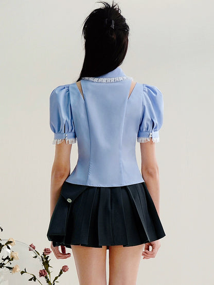 CHECOCRE Chic Three-dimensional Flower Puff Sleeve Cutout Sexy Blue Top - ATRACT