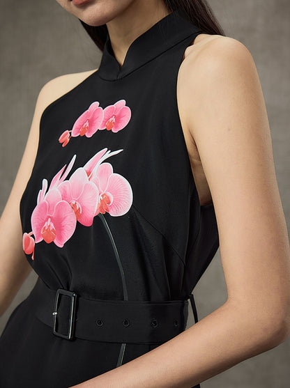 HECO Phalaenopsis Print Sleeveless Belted Short Dress  - QUITE.