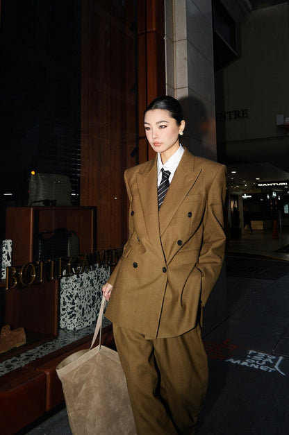 MEI SANGUAN Brown Tailored Blazer & Wide-Leg Pants Three-Piece Set- ARGON