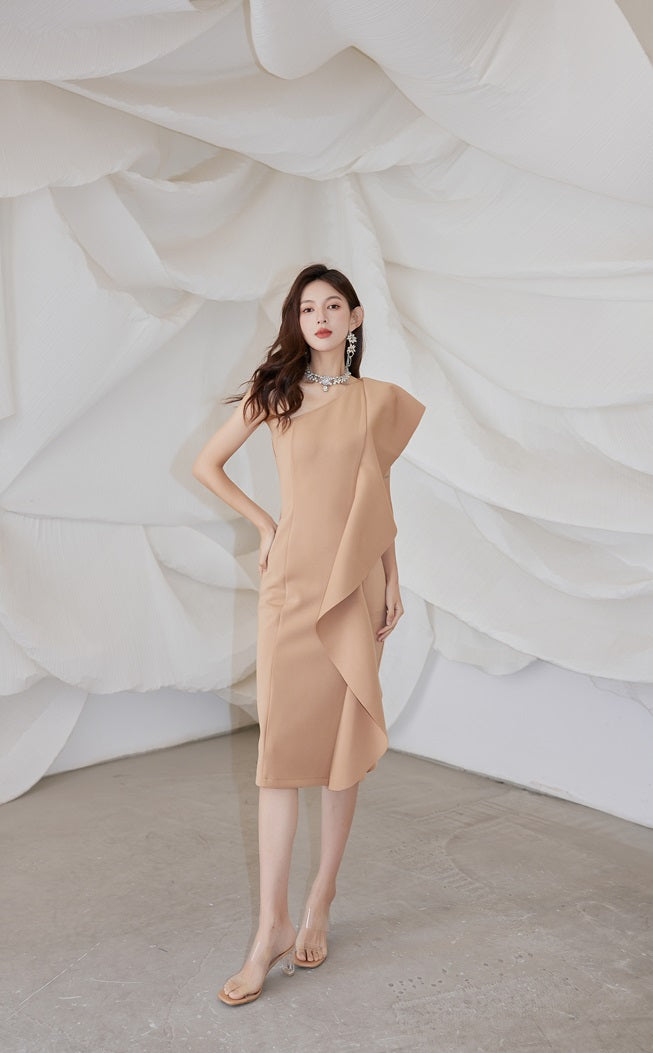 DOLLY Luxury French Style Ruffle One Shoulder Hip Hug Midi Dinner Dress-JEHO