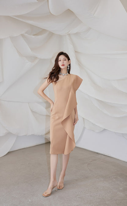DOLLY Luxury French Style Ruffle One Shoulder Hip Hug Midi Dinner Dress-JEHO
