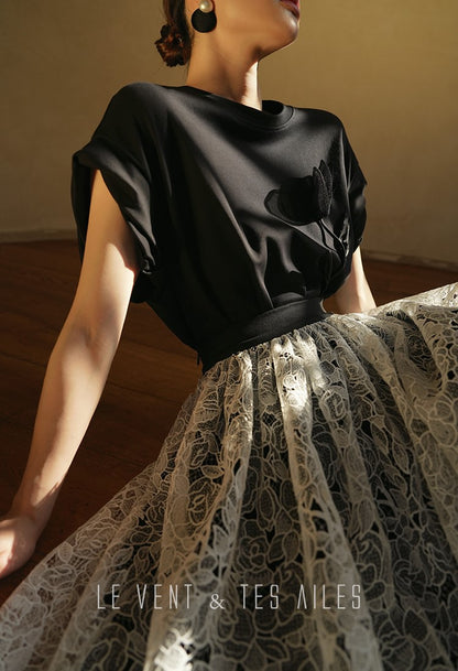 LE VENT&TES AILES French embroidery lace elegant A-line fill skirt-ESME