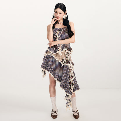 FAME Retro Check Floral Stitching Pastoral Suspender Top - CYNTHIA.