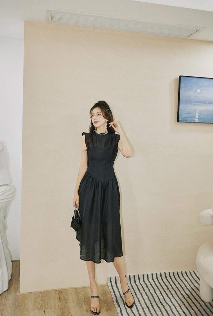 DOLLY High End Black Retro Flying Sleeve Pleated High Waist Midi Office Dress-BRANCA